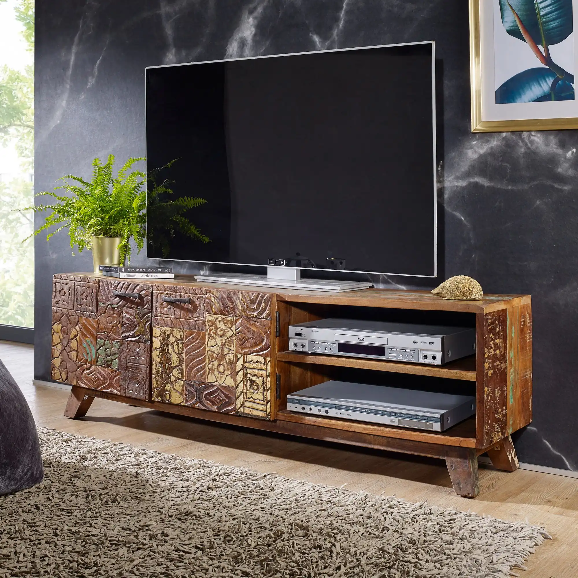 Reclaimed Wood Carved Blocks TV Cabinet with 2 Doors & 2 Shelves
(Knock Down) - popular handicrafts